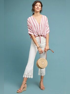 Anthropologie Pilcro High-Rise Cropped Flare Jeans Size 28 White Embroidered